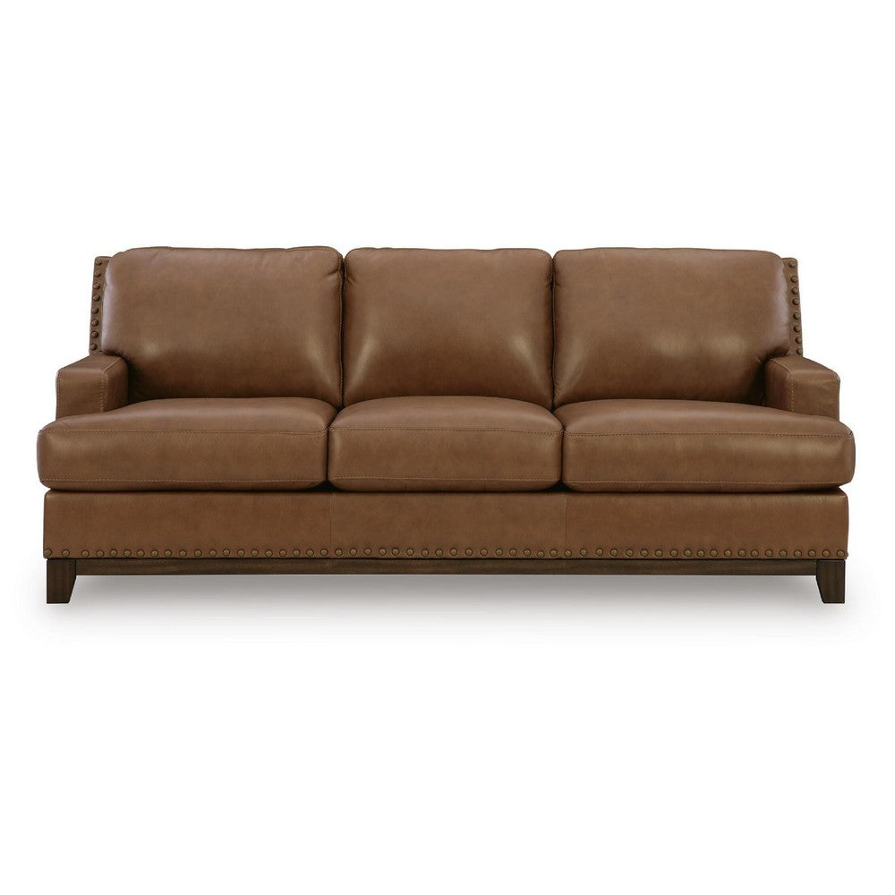Sany Sofa with Nailhead Trim | Exposed Wooden Feet | Brown Leather 90"