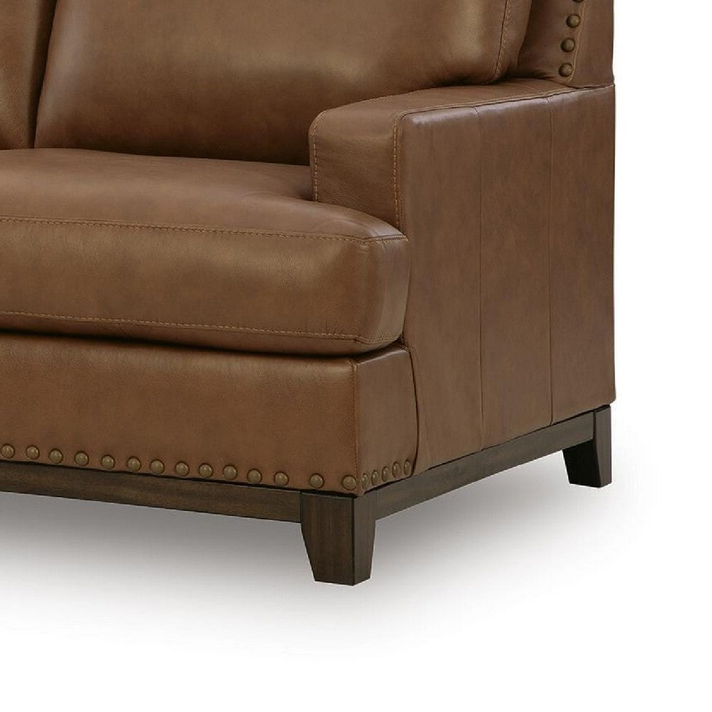 Sany Sofa with Nailhead Trim | Exposed Wooden Feet | Brown Leather 90"