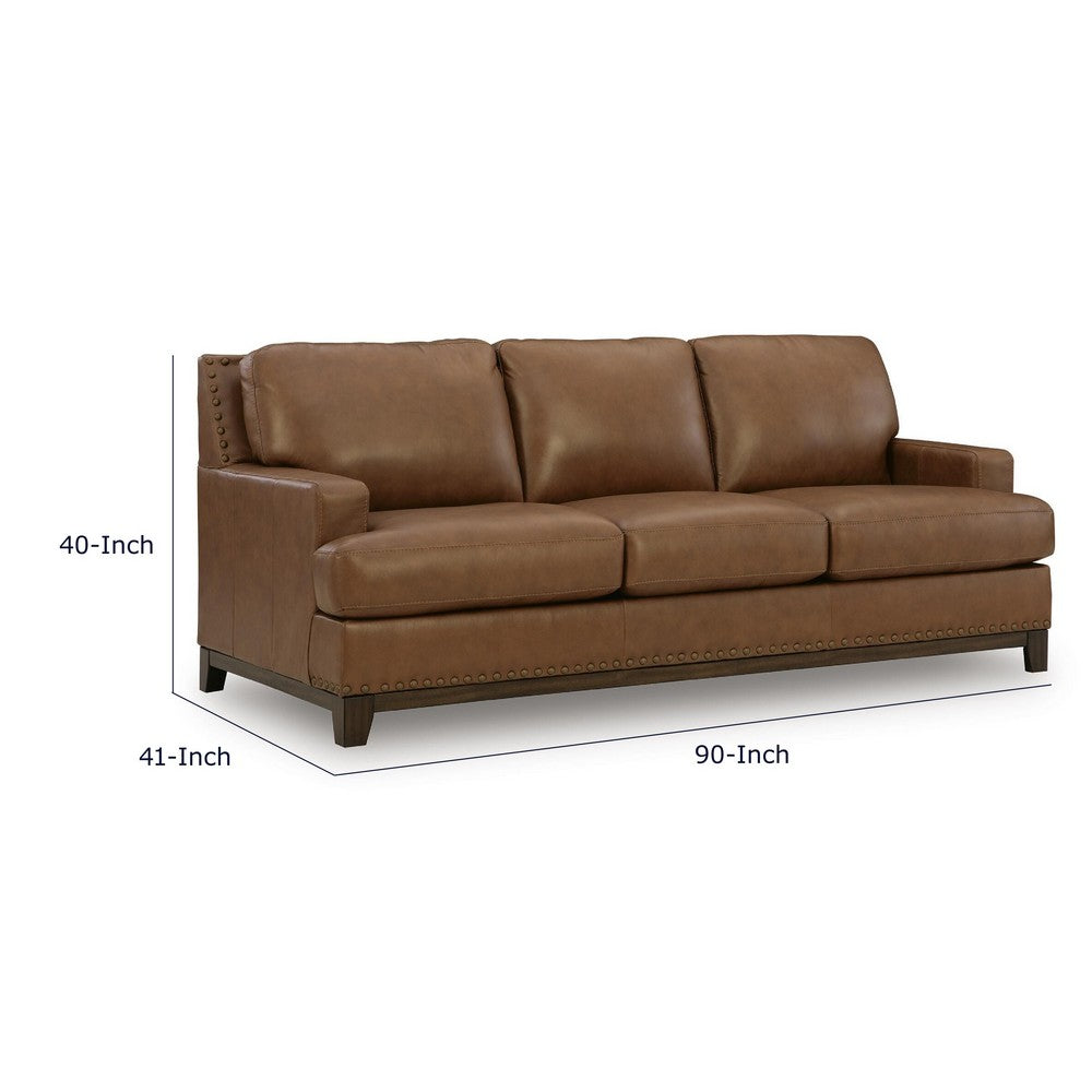 Sany Sofa with Nailhead Trim | Exposed Wooden Feet | Brown Leather 90"