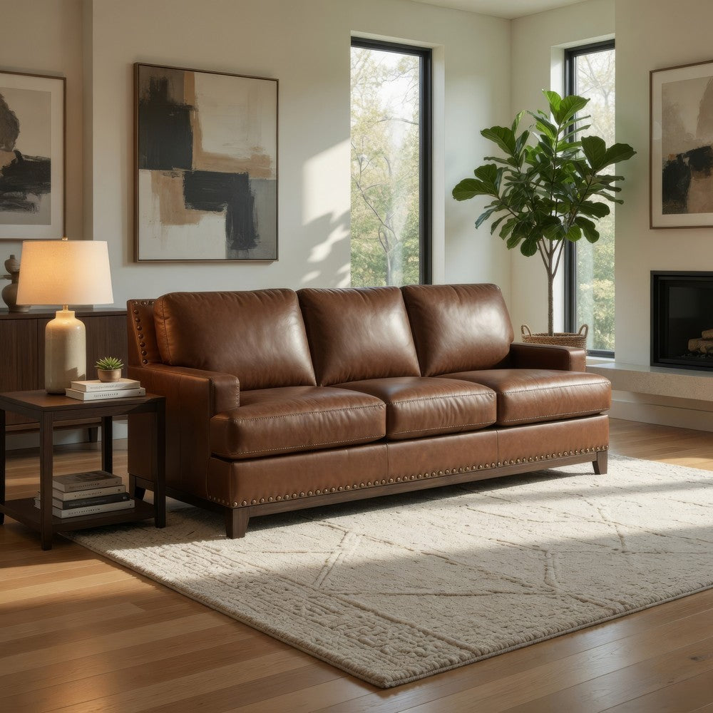 Sany Sofa with Nailhead Trim | Exposed Wooden Feet | Brown Leather 90"