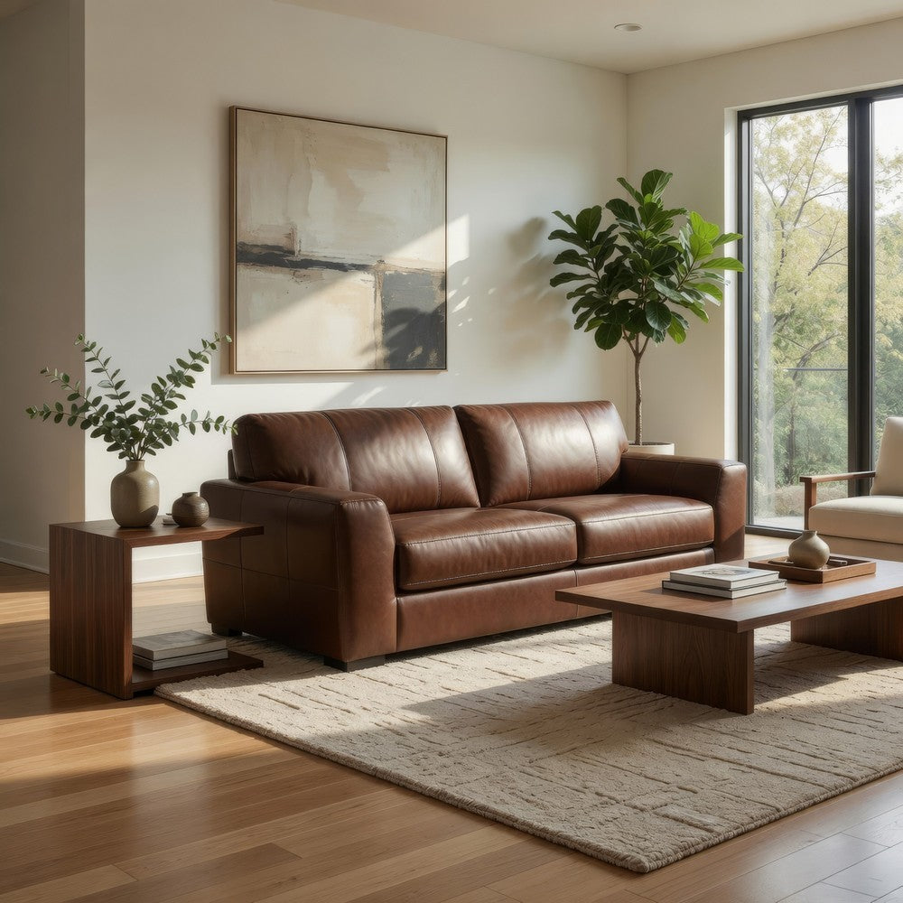 Liano Modern Sofa with Wide Seating | Low-Profile Base | Brown Leather 95"