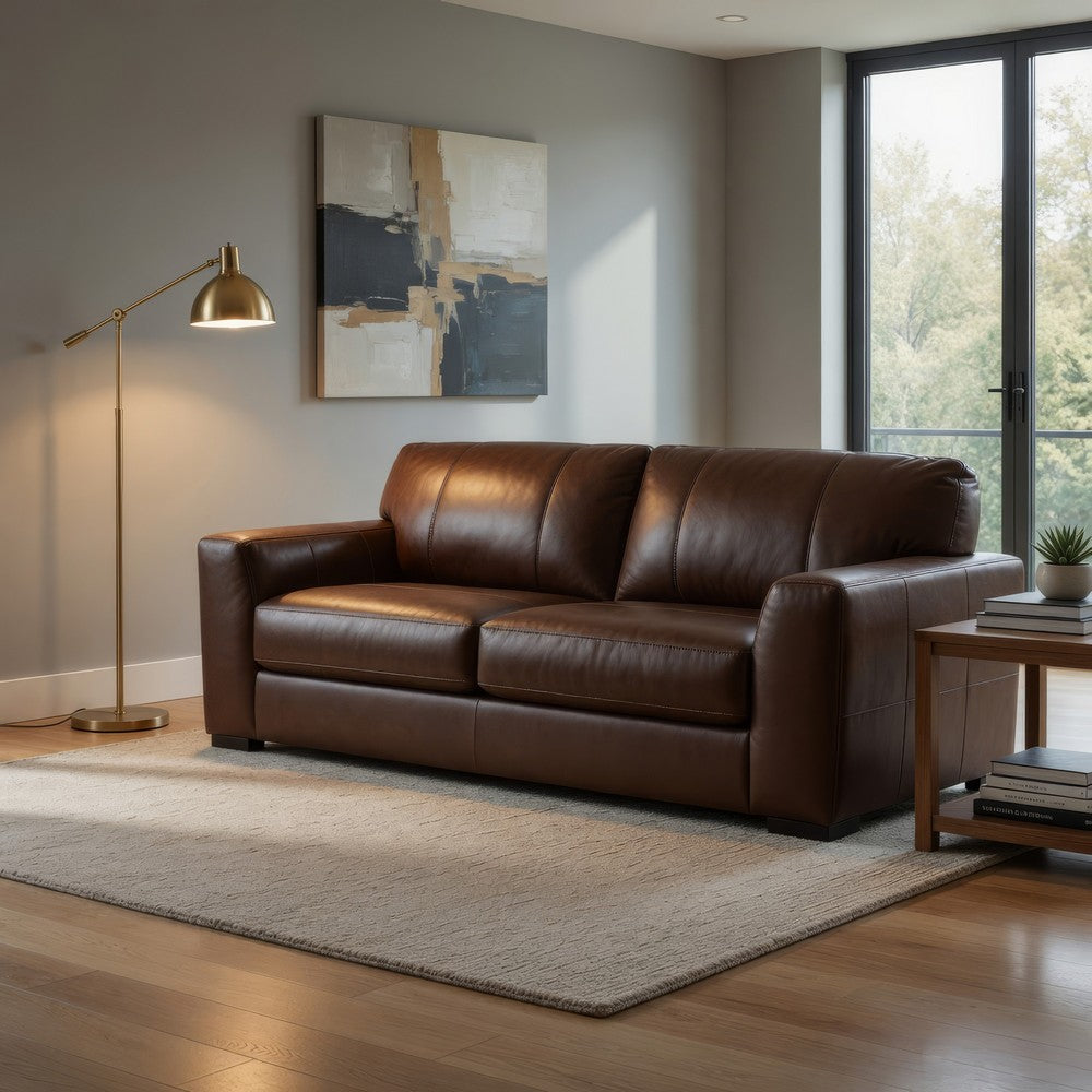 Liano Modern Sofa with Wide Seating | Low-Profile Base | Brown Leather 95"