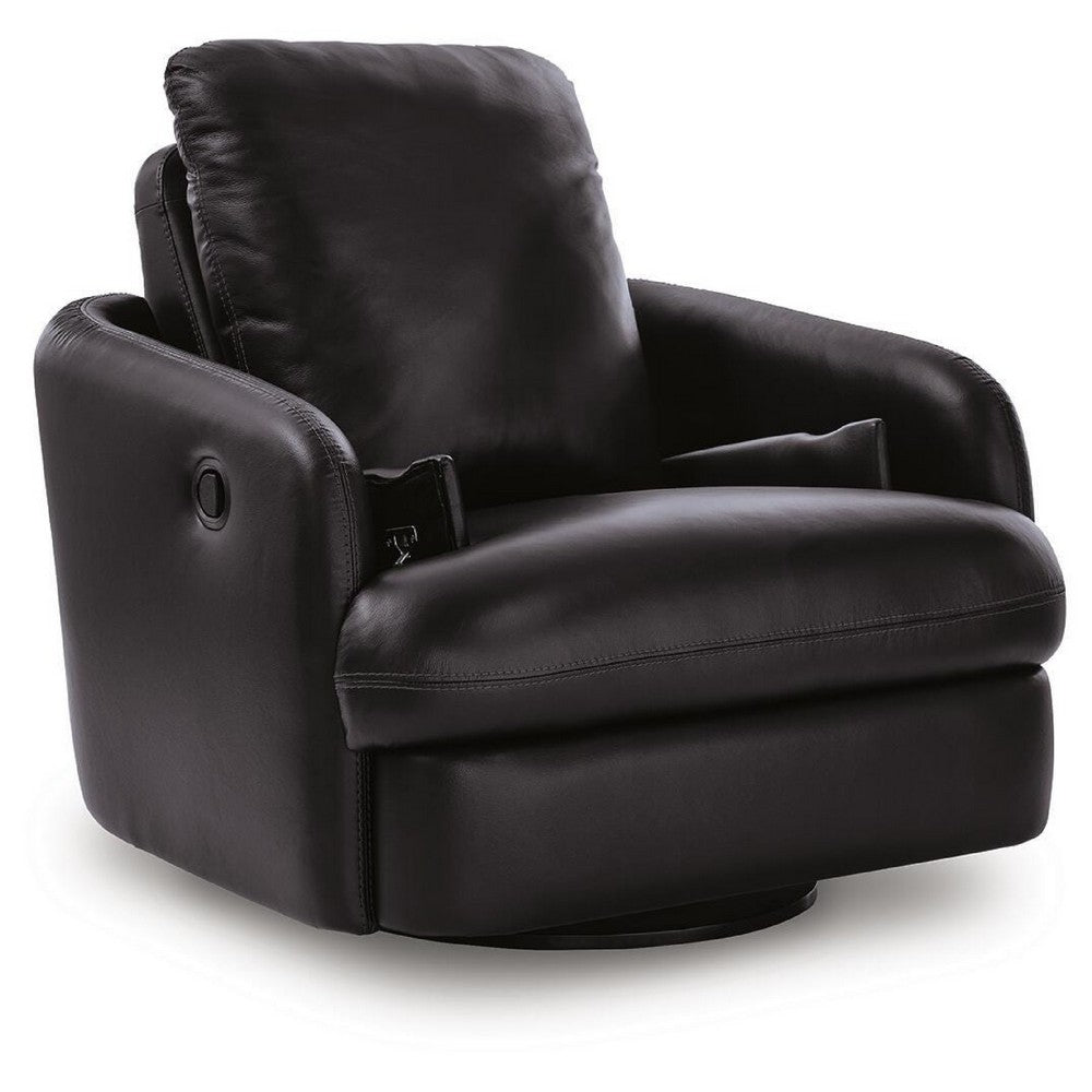Modie Swivel Glider Recliner Chair with One Pull Motion | Black Leather