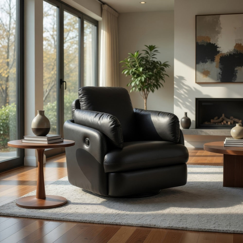 Modie Swivel Glider Recliner Chair with One Pull Motion | Black Leather
