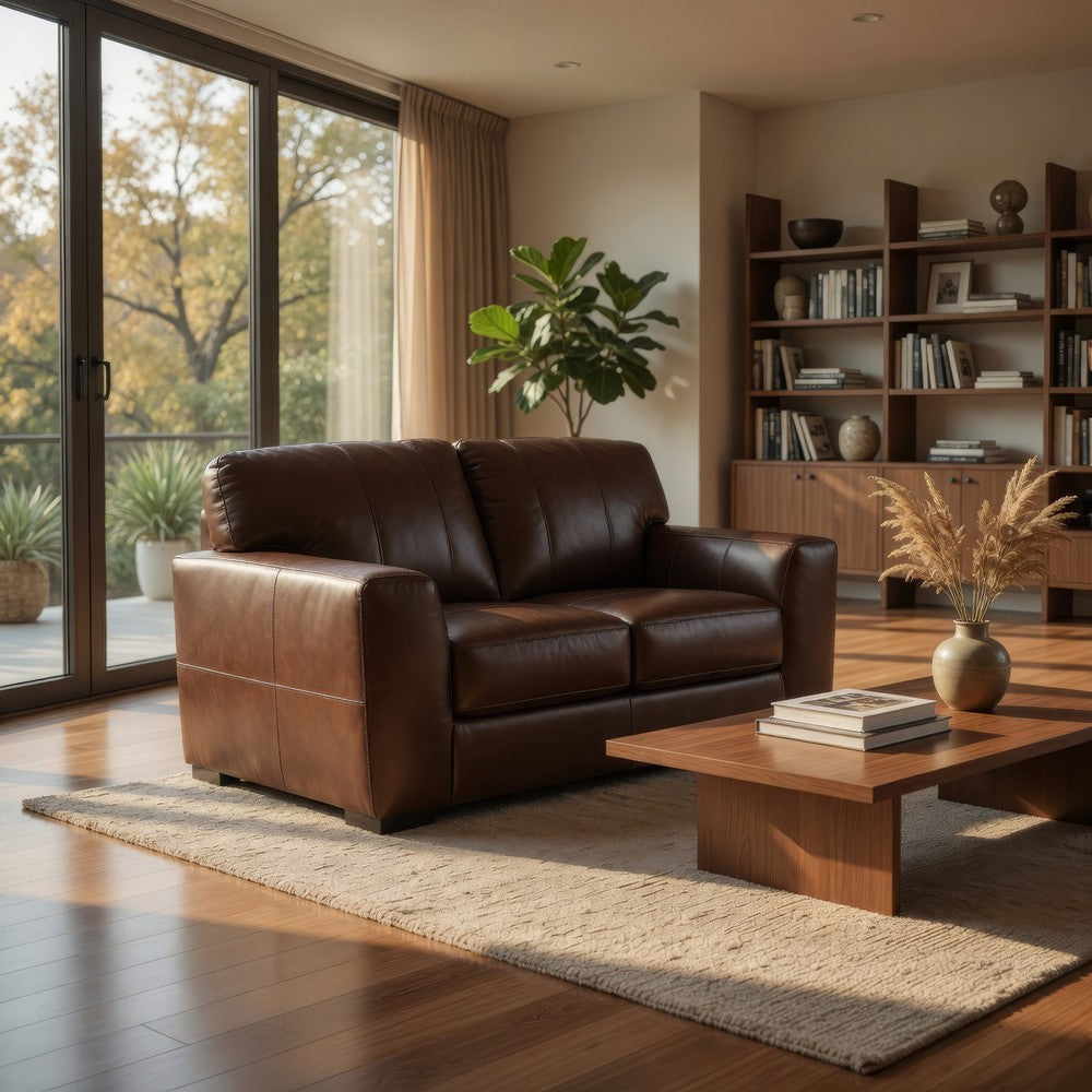 Liano Loveseat with Wide Seating | Low-Profile Base | Brown Leather 70"