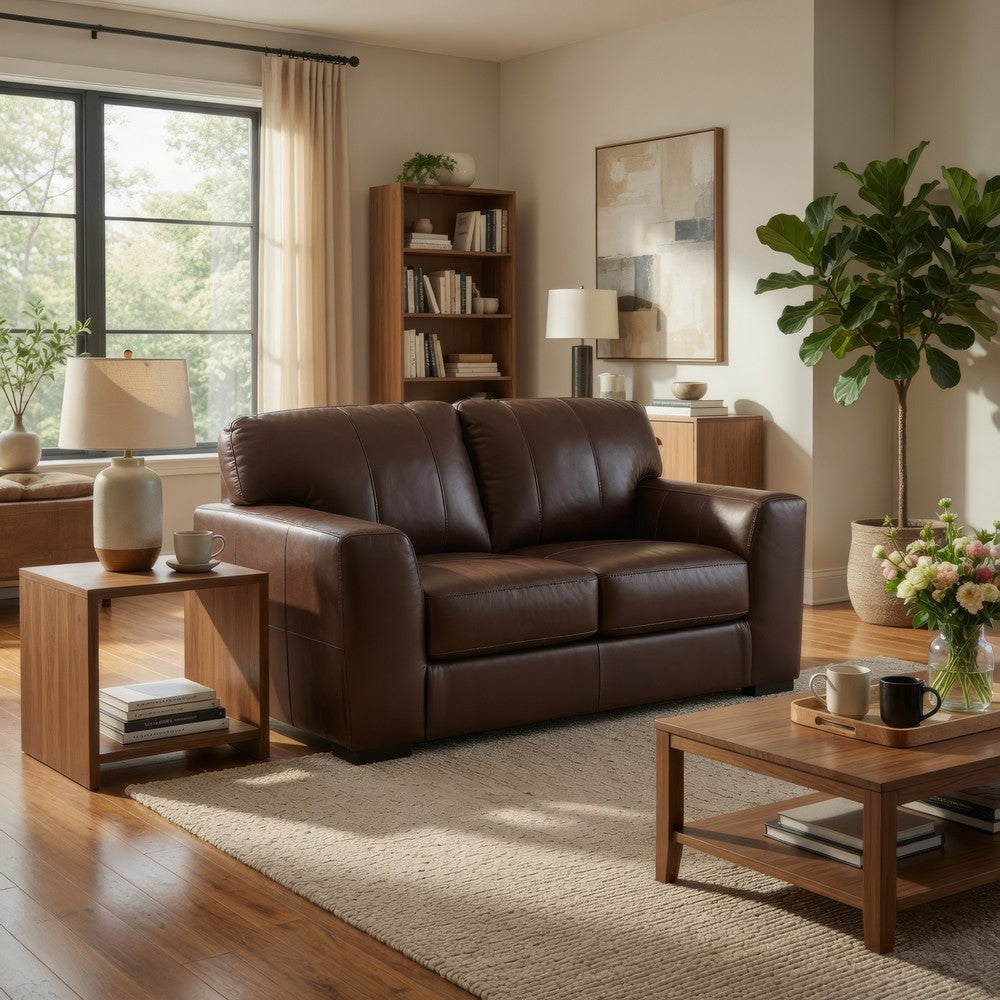 Liano Loveseat with Wide Seating | Low-Profile Base | Brown Leather 70"