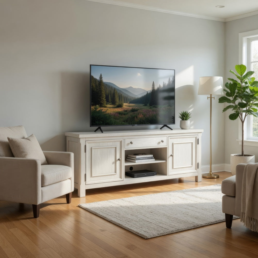 Lea TV St& Media Console | 2 Doors & Drawer | Antique White Hardwood 72"
