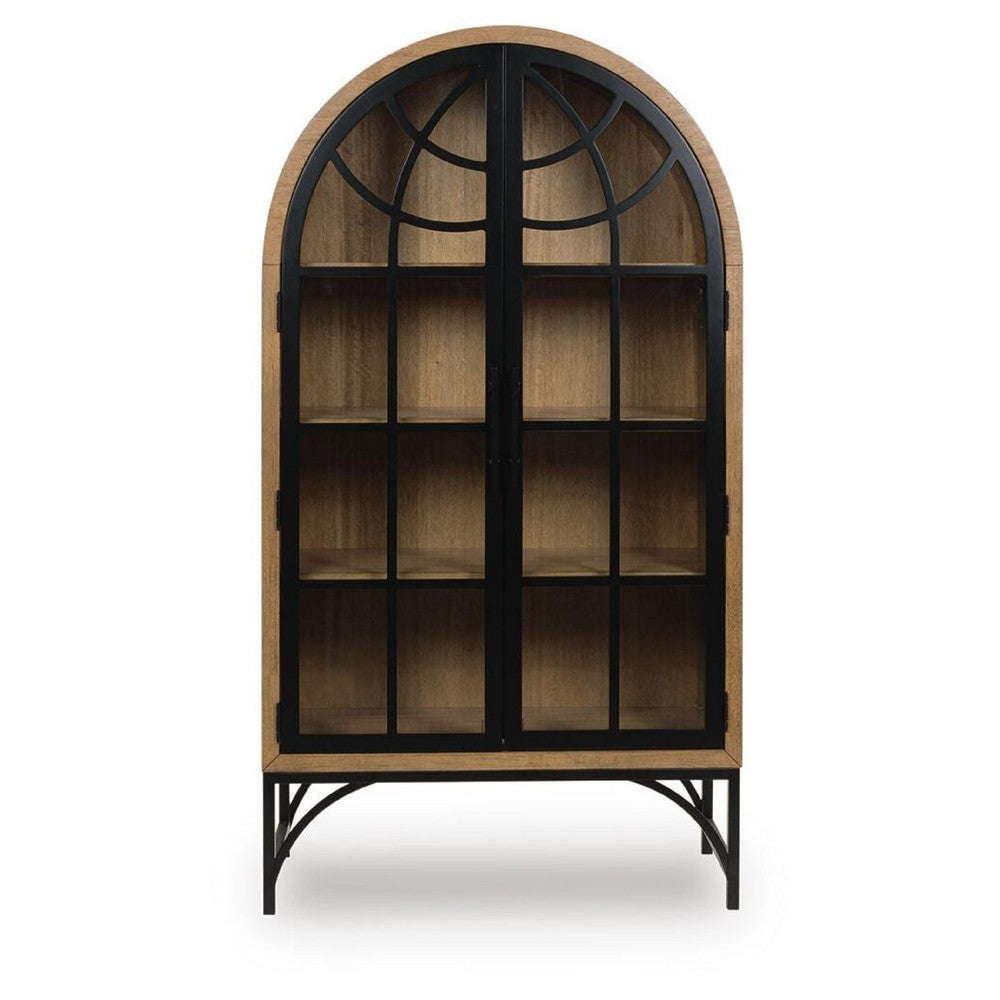 Gwen Arched Accent Cabinet with Glass Panel Doors | Natural-Black Wood 74"