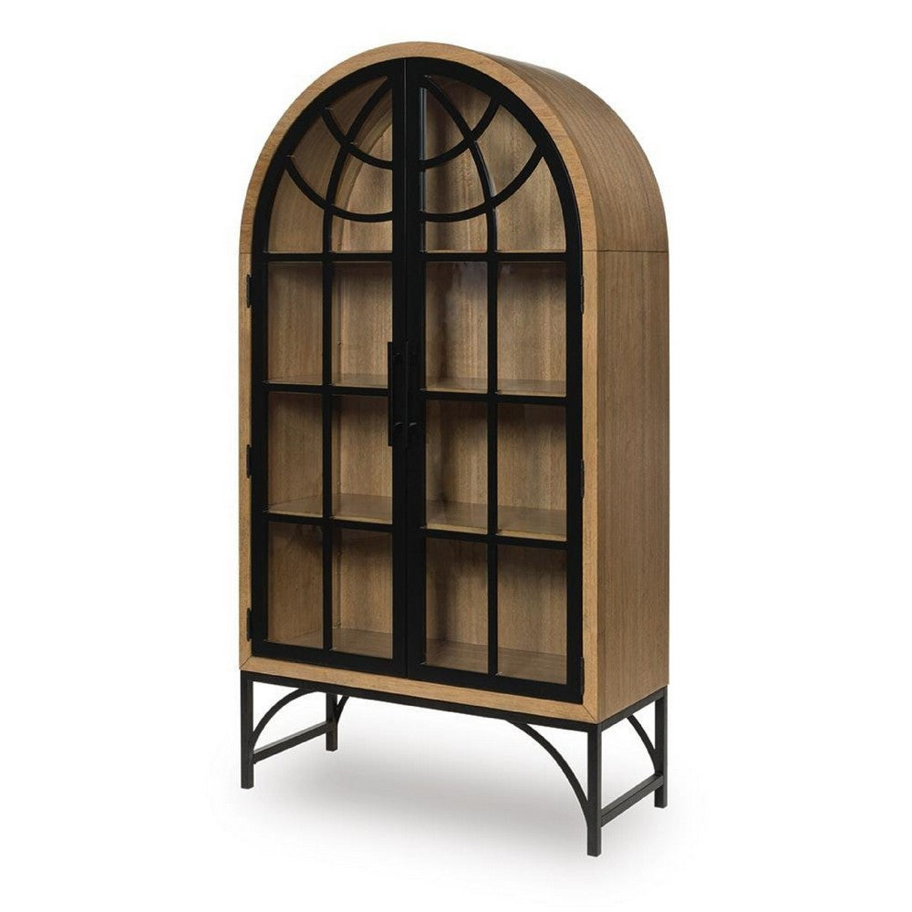 Gwen Arched Accent Cabinet with Glass Panel Doors | Natural-Black Wood 74"