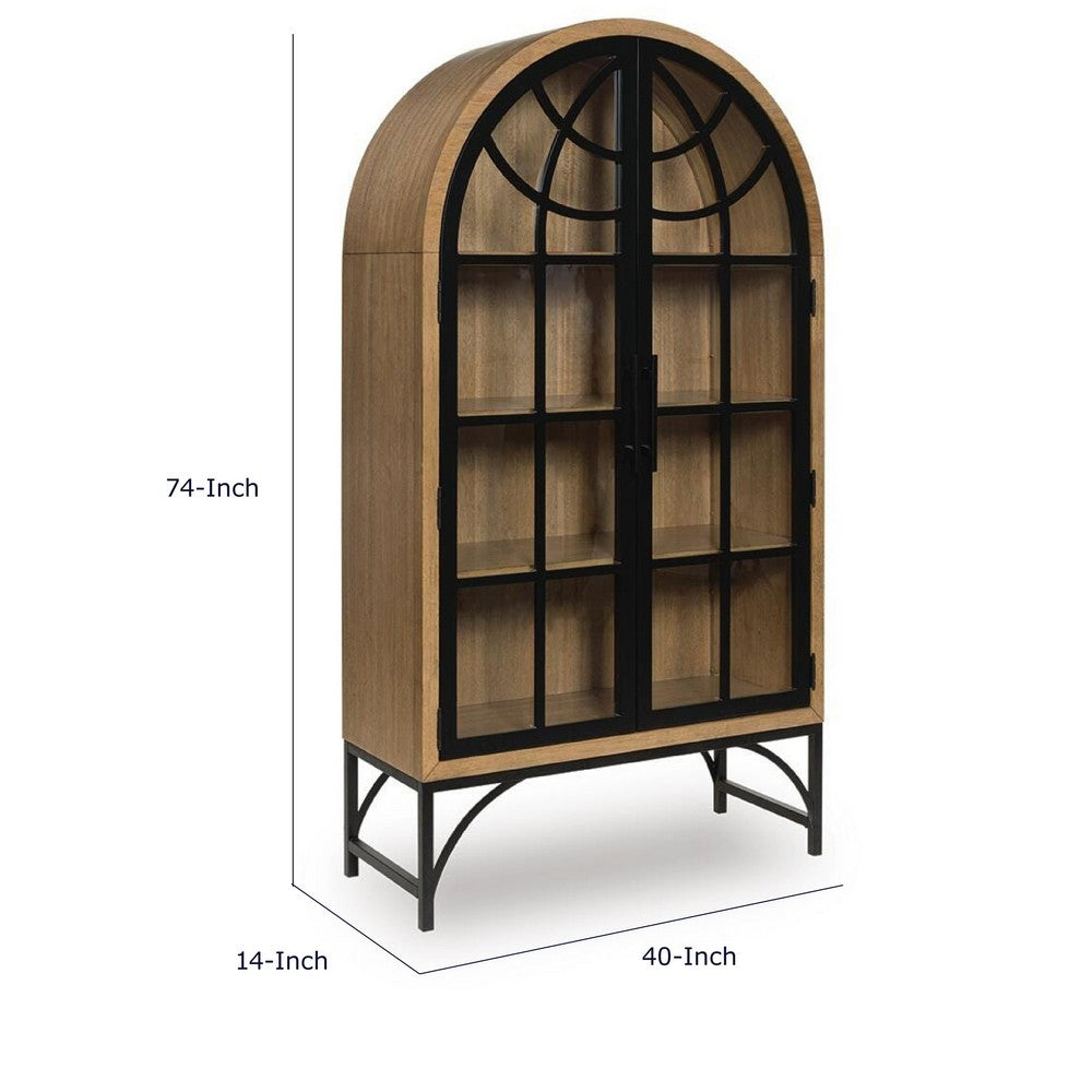 Gwen Arched Accent Cabinet with Glass Panel Doors | Natural-Black Wood 74"