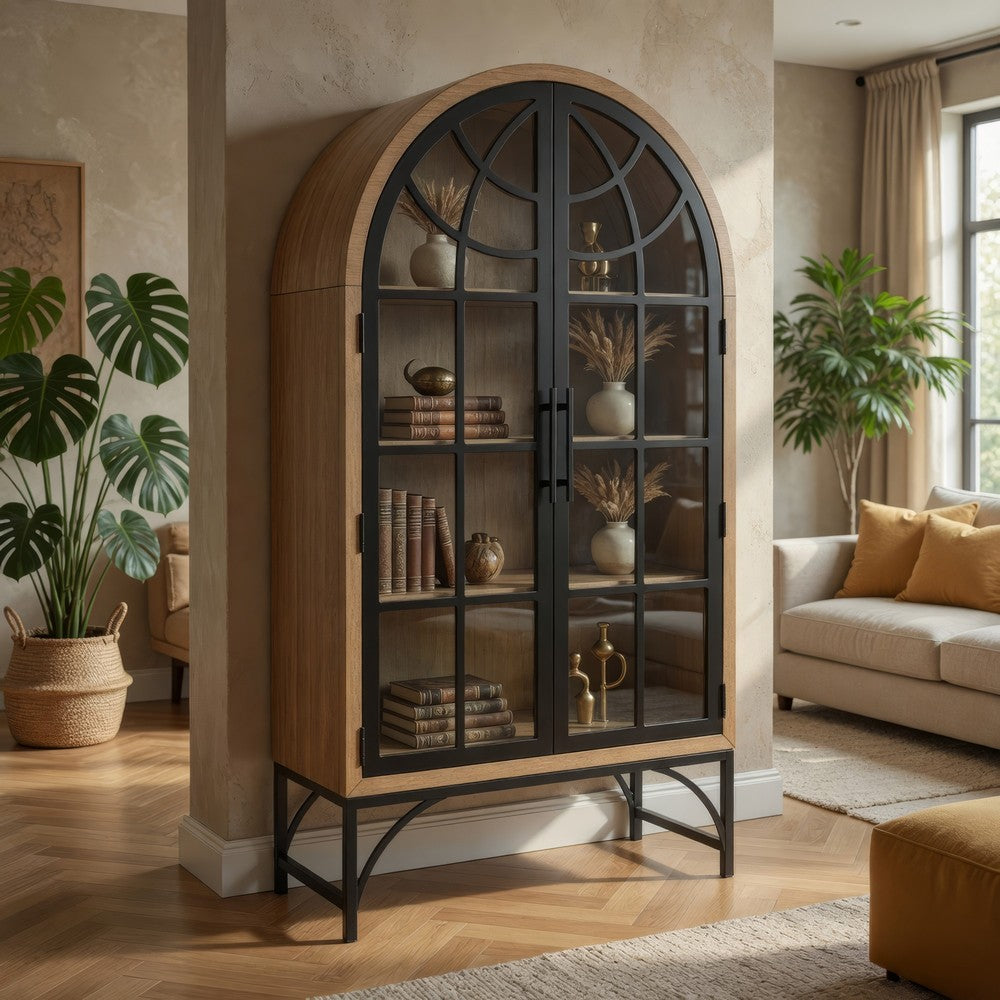 Gwen Arched Accent Cabinet with Glass Panel Doors | Natural-Black Wood 74"