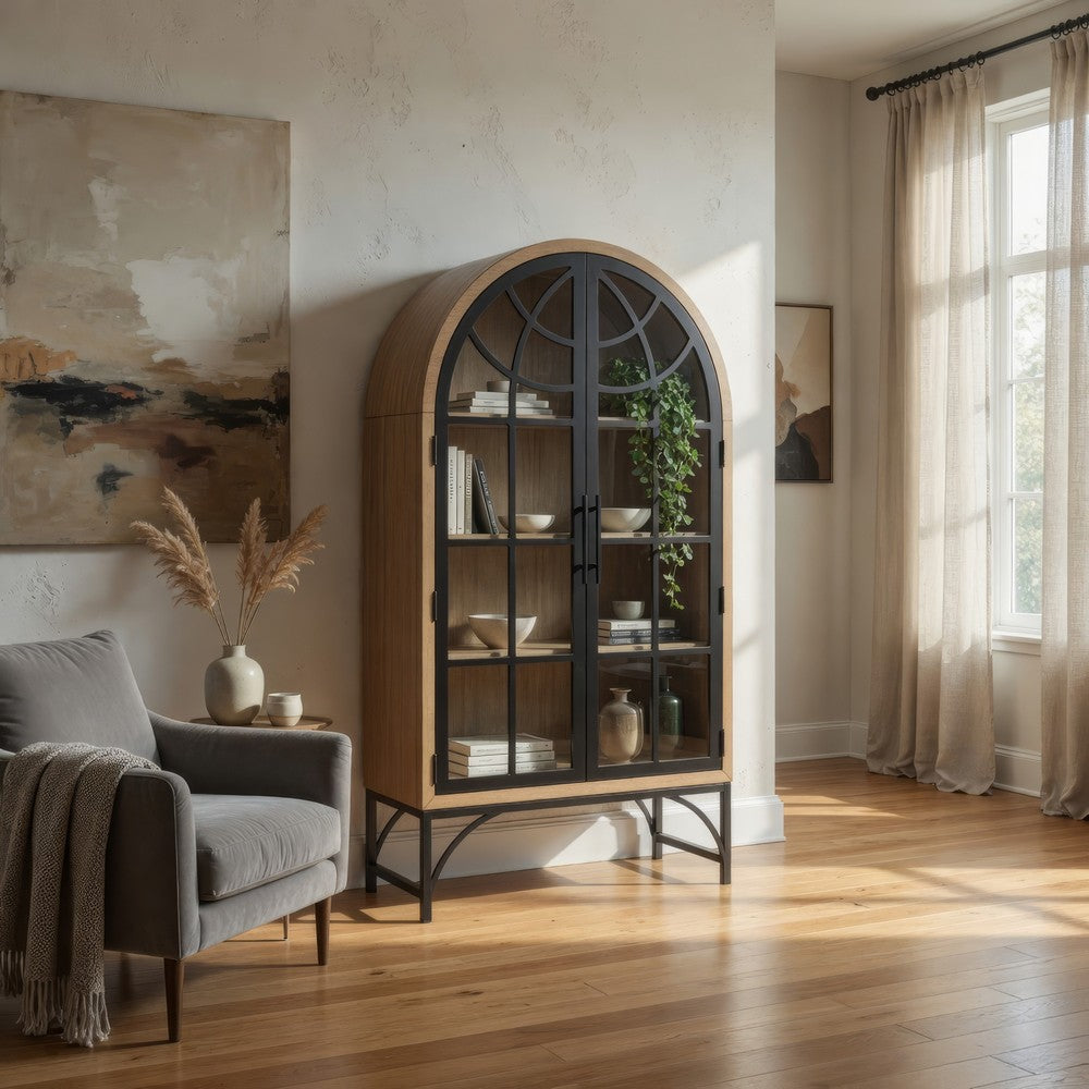 Gwen Arched Accent Cabinet with Glass Panel Doors | Natural-Black Wood 74"