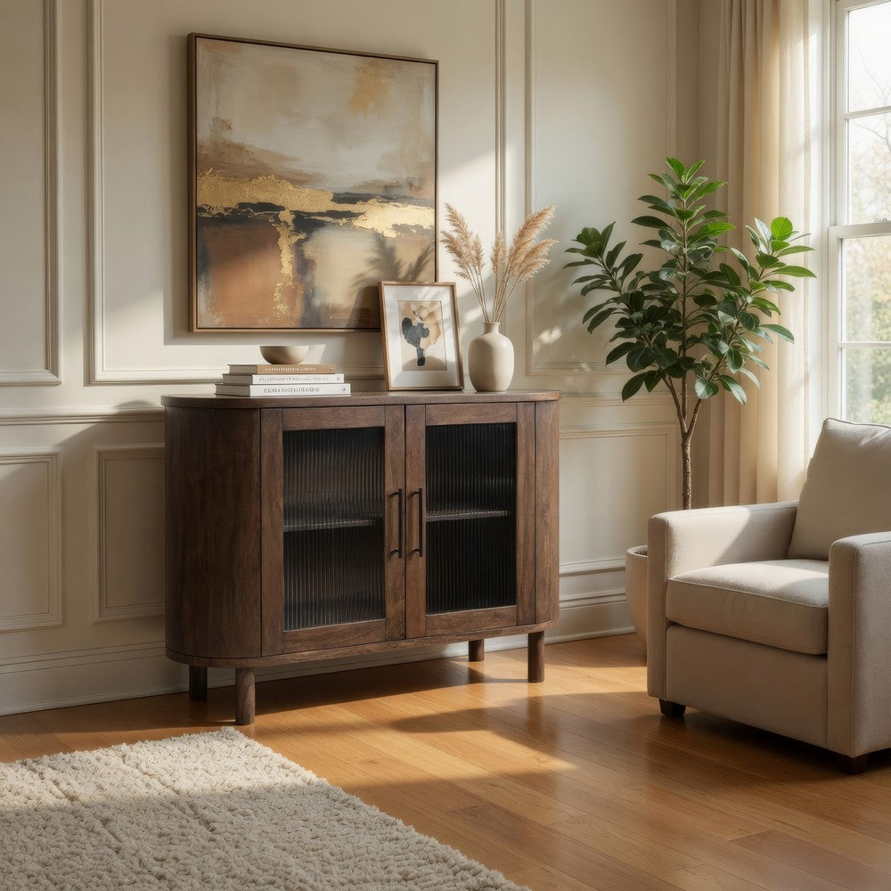 Maira Accent Cabinet with Fluted Glass Doors | Brown Mango Wood 48''