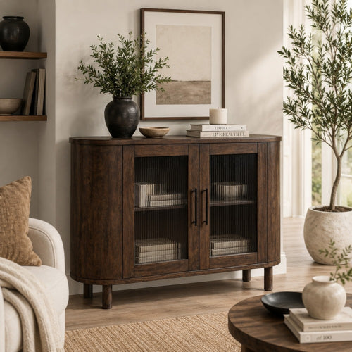 Maira Accent Cabinet with Fluted Glass Doors | Brown Mango Wood 48''