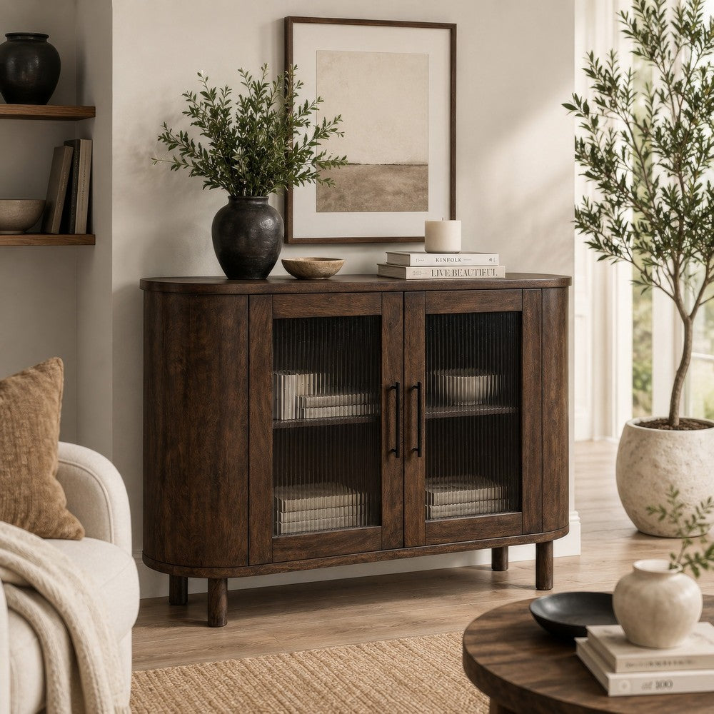 Maira Accent Cabinet with Fluted Glass Doors | Brown Mango Wood 48''