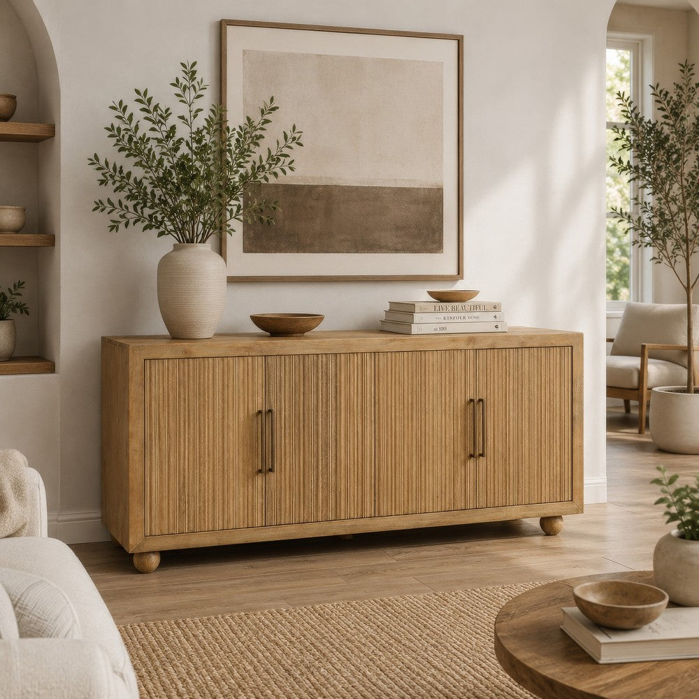 Nyara Accent Cabinet | Fluted Doors and Storage | Antique Beige Wood 68"