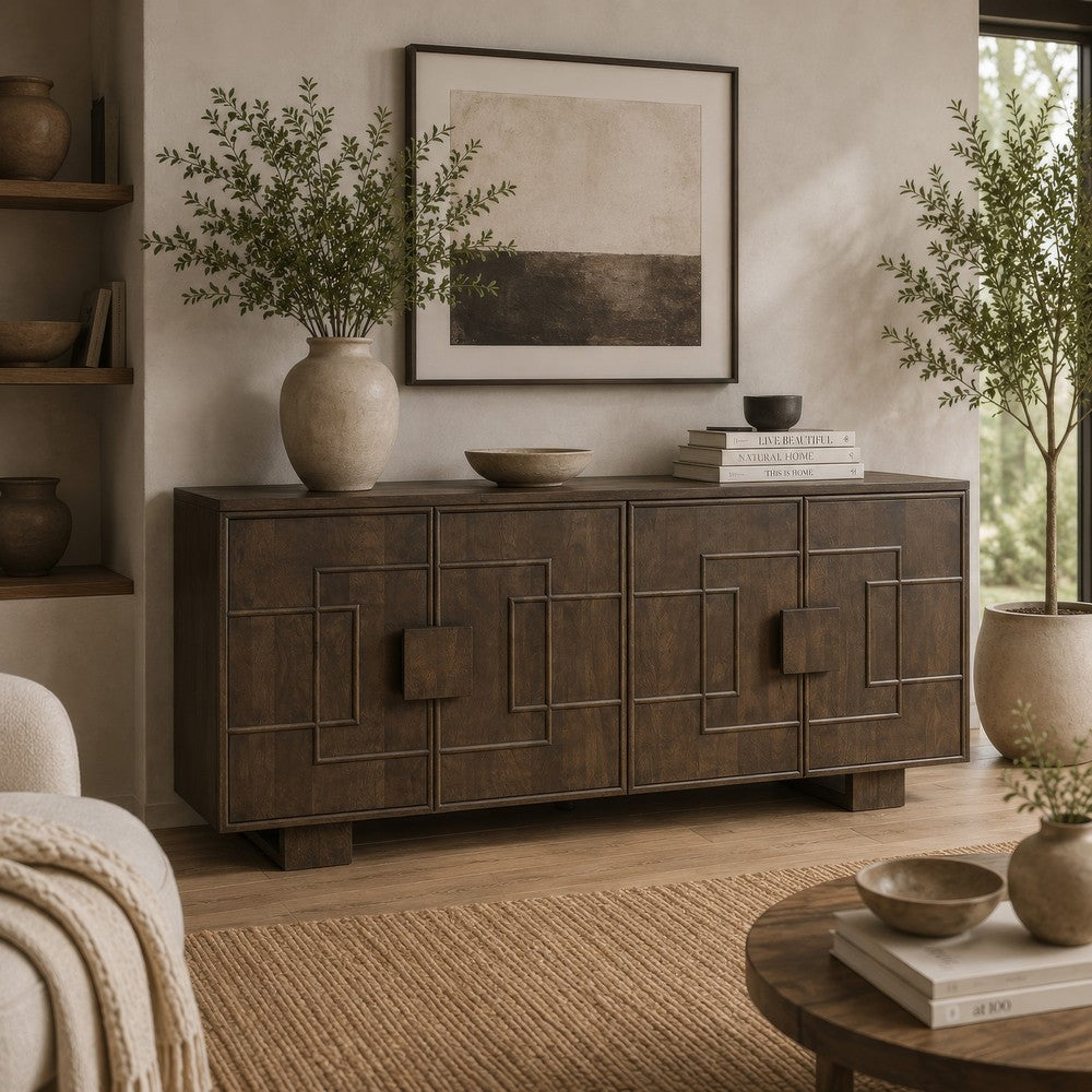 Zelma Geometric Accent Cabinet with 4 Doors Storage | Dark Brown Wood 68"