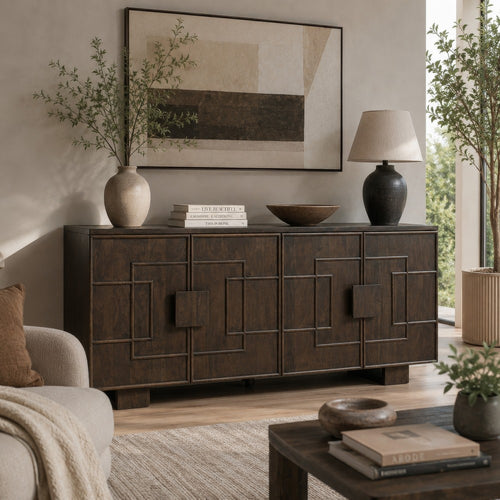 Zelma Geometric Accent Cabinet with 4 Doors Storage | Dark Brown Wood 68"