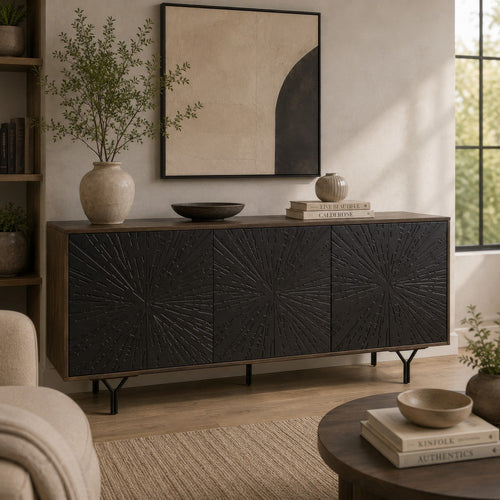 Monty Starburst Accent Cabinet | Metal Legs | Storage | Gray-Brown Wood 64"