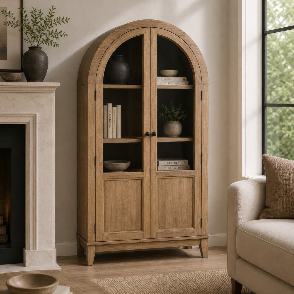 Deno Arched Accent Cabinet with Glass Doors | Natural Brown-Black Wood 74"
