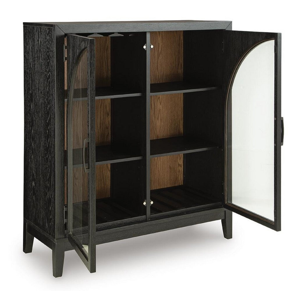 Arnie Bar Cabinet with Shelves | Arched Glass Doors | Black Brown Wood 48"