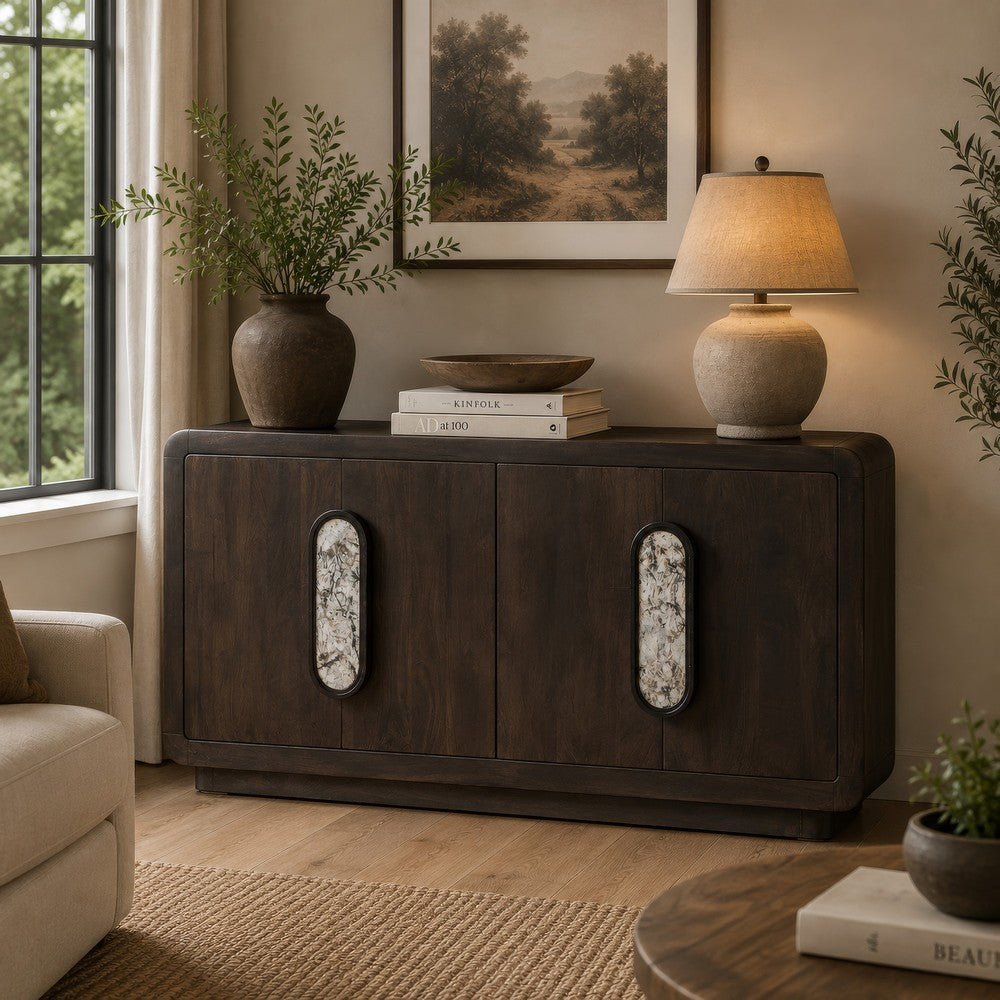 Elsie Accent Cabinet with White Marble Handles | Espresso Brown Wood 65"