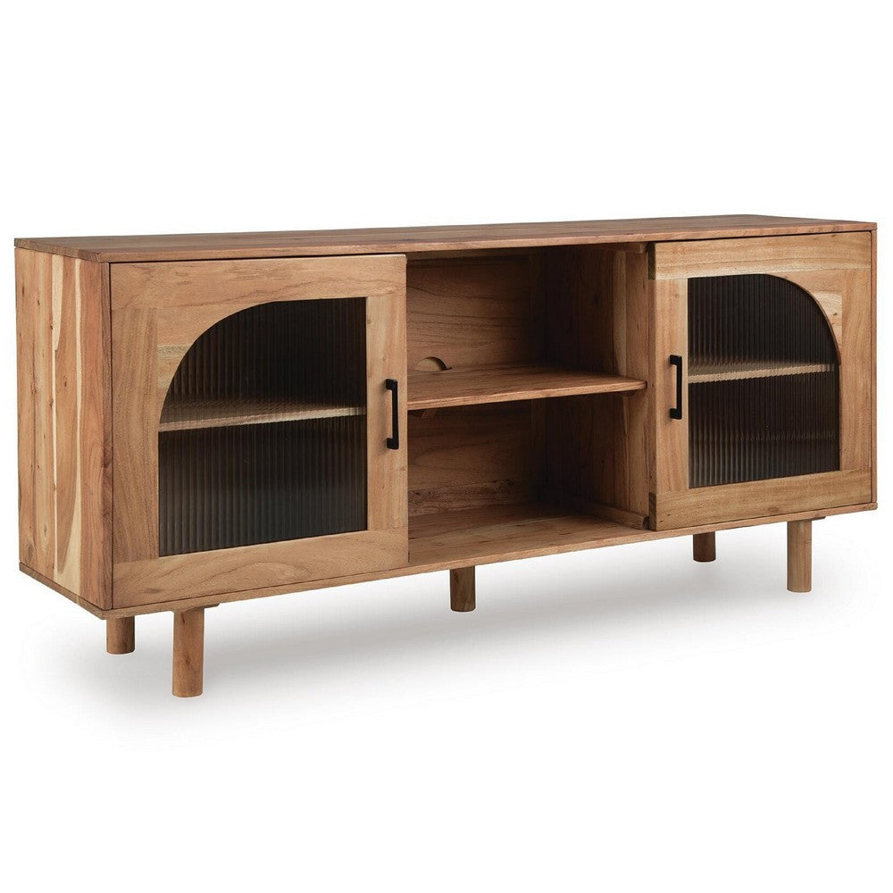 Adwy Accent Cabinet | Arched Glass Doors and Shelves | Brown Acacia Wood 64"