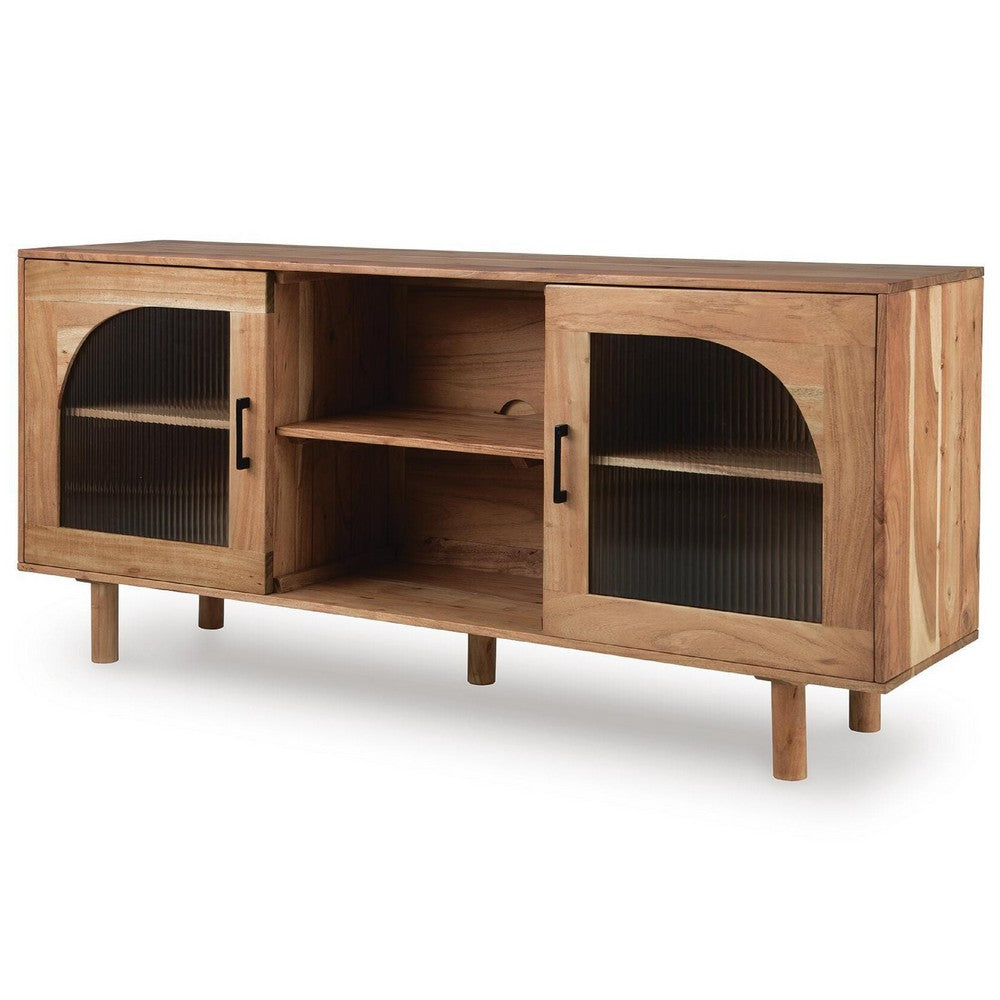 Adwy Accent Cabinet | Arched Glass Doors and Shelves | Brown Acacia Wood 64"