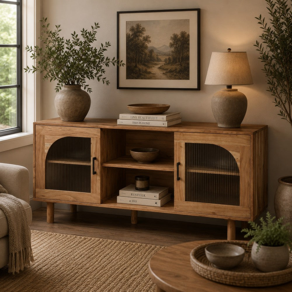 Adwy Accent Cabinet | Arched Glass Doors and Shelves | Brown Acacia Wood 64"