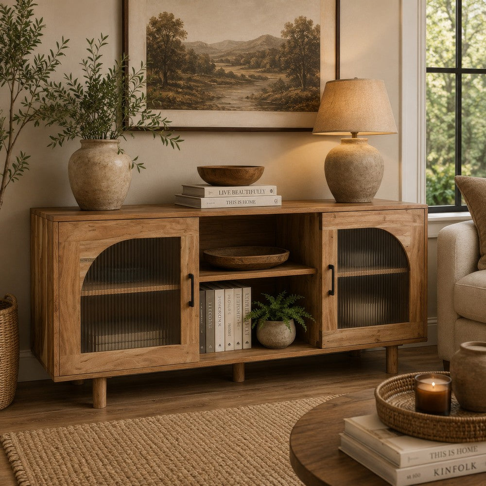 Adwy Accent Cabinet | Arched Glass Doors and Shelves | Brown Acacia Wood 64"