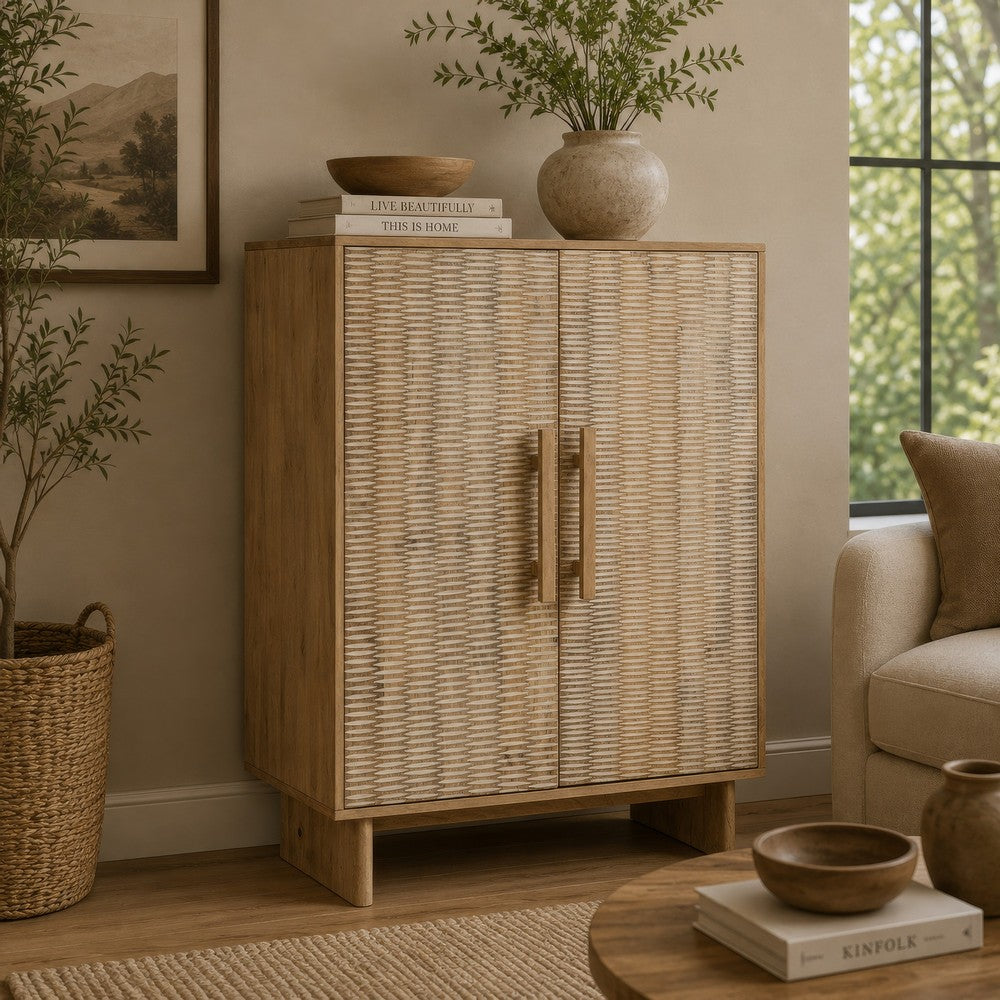 Dally Accent Cabinet with 2 Carved Doors | Whitewash Mango Wood 45''