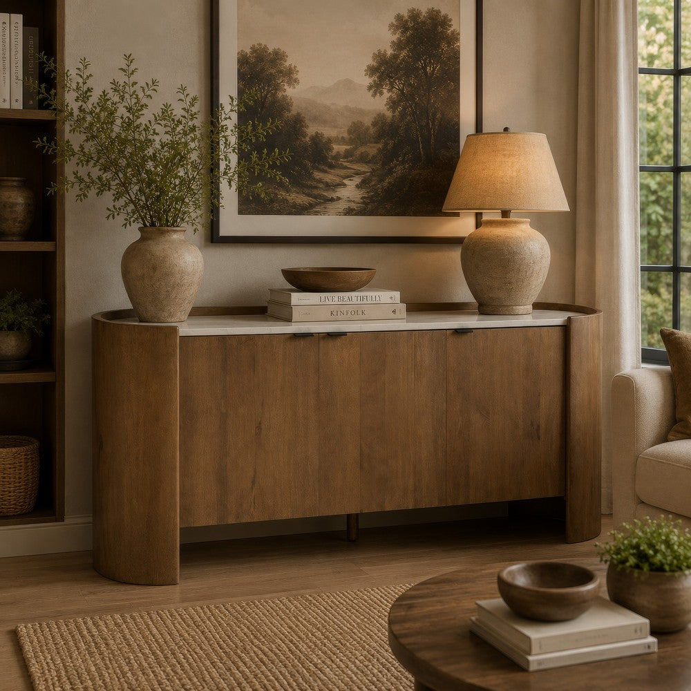 Fitzy Accent Cabinet with White Marble Top | Brown Mango Wood 66''