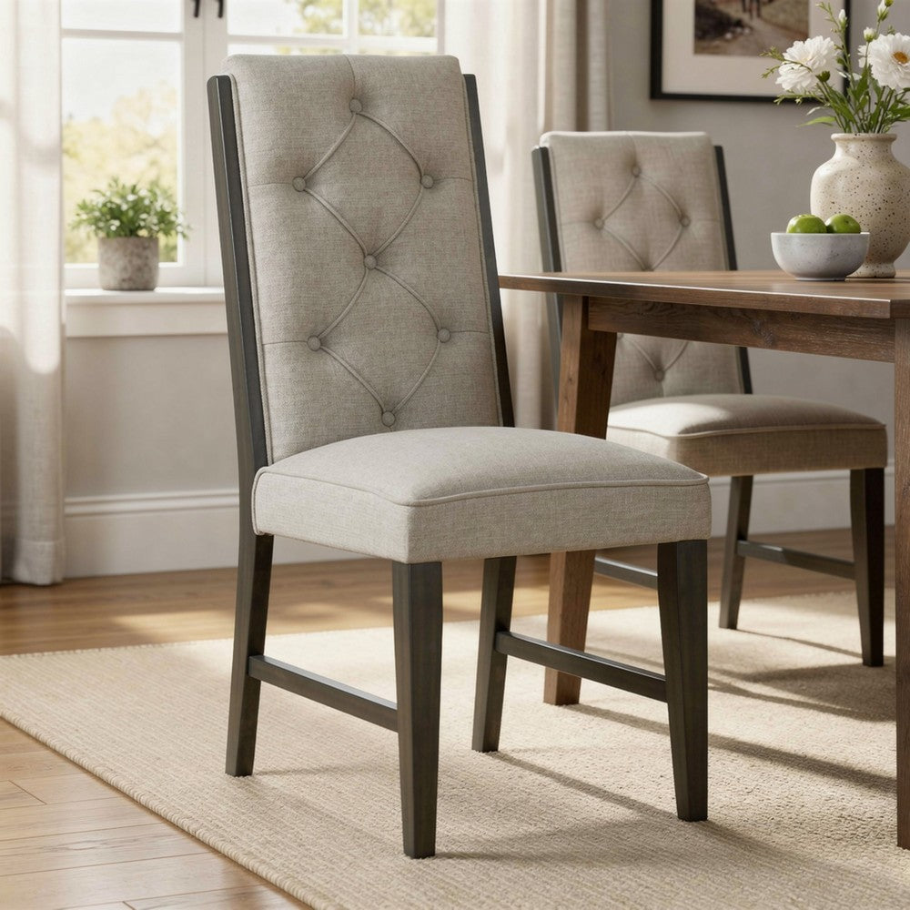 Heri Dining Side Chair Set of 2 | Tufted Back | Beige | Chocolate Brown