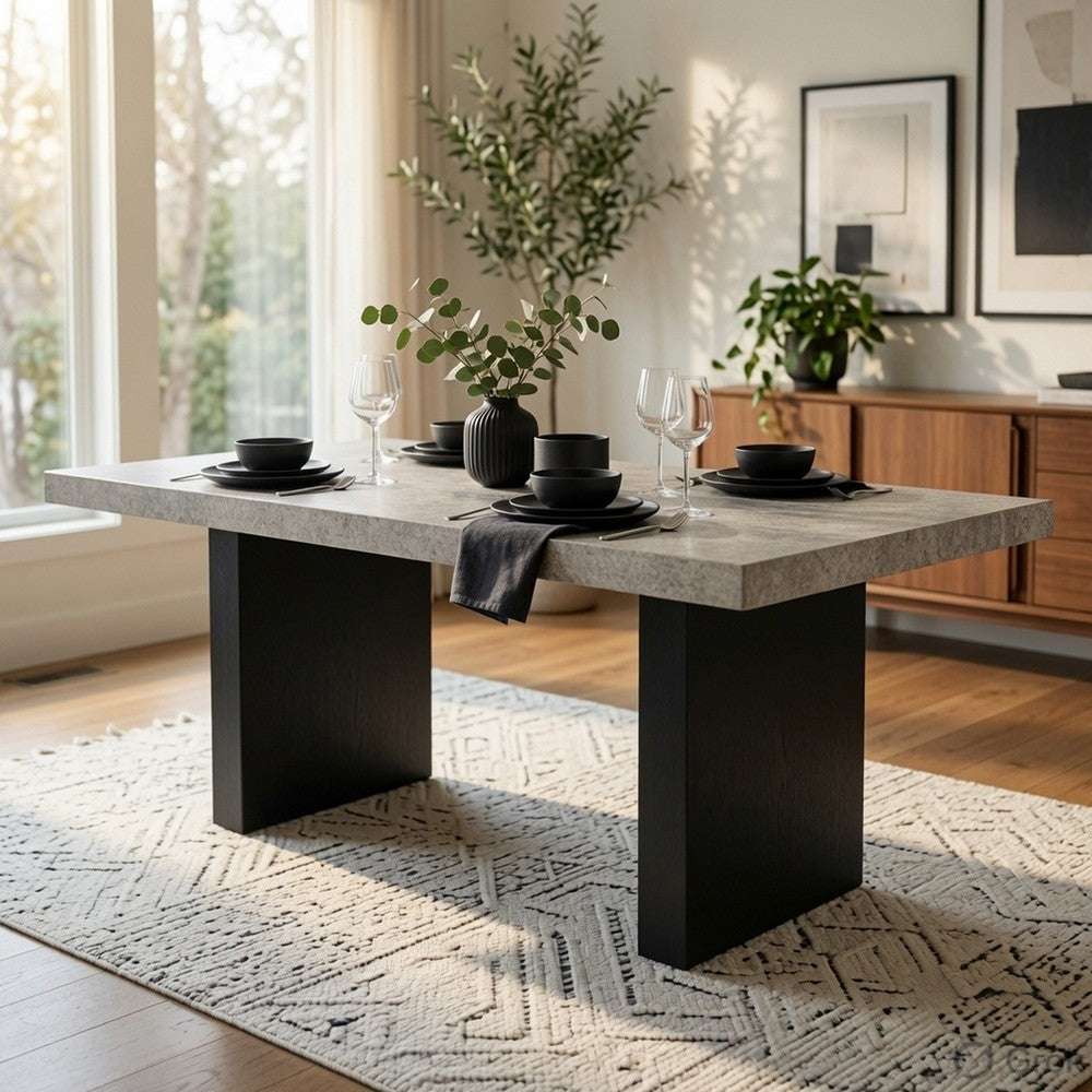 Seba Dining Table | Cement 3D Paper Veneer Top | Panel Legs | Black 72"