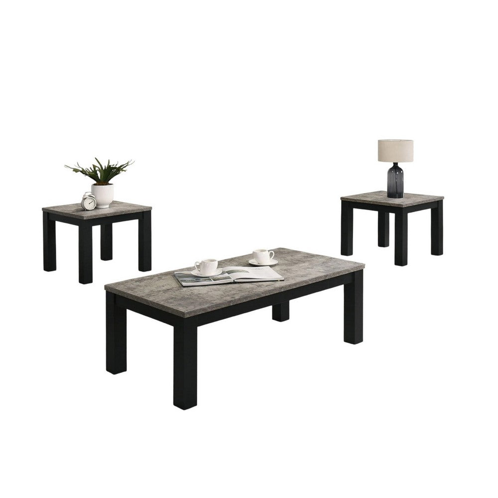 3pc Coffee Table & 2 End Table Set | Gray Concrete Top | Black Wood Legs