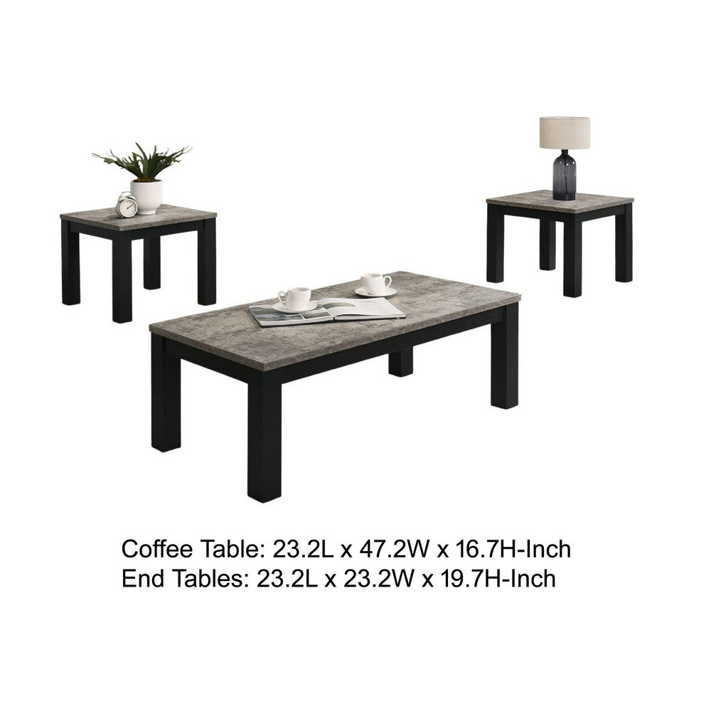 3pc Coffee Table & 2 End Table Set | Gray Concrete Top | Black Wood Legs