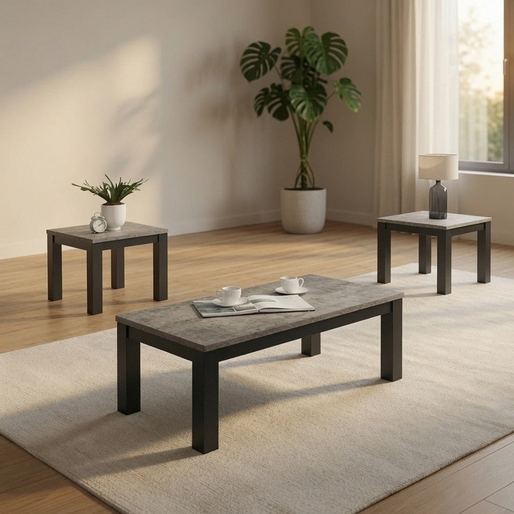 3pc Coffee Table & 2 End Table Set | Gray Concrete Top | Black Wood Legs