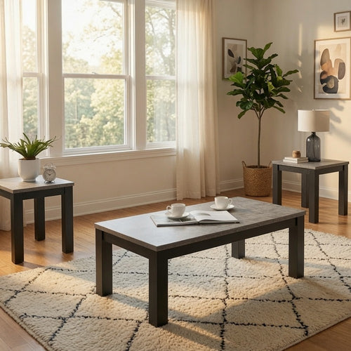 3pc Coffee Table & 2 End Table Set | Gray Concrete Top | Black Wood Legs