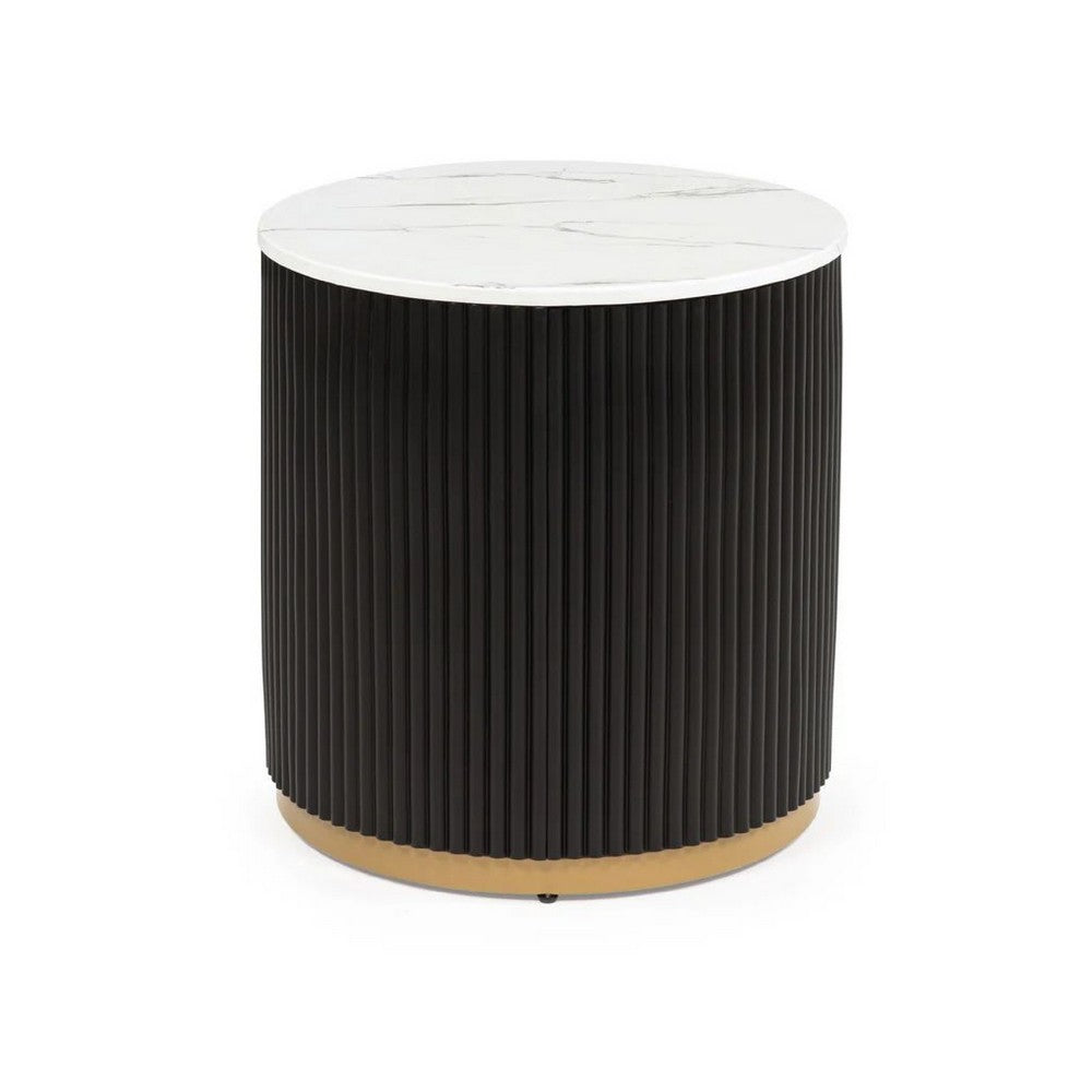 Frey Side End Table | White Faux Marble | Reeded Base | Gold B&ing 22"