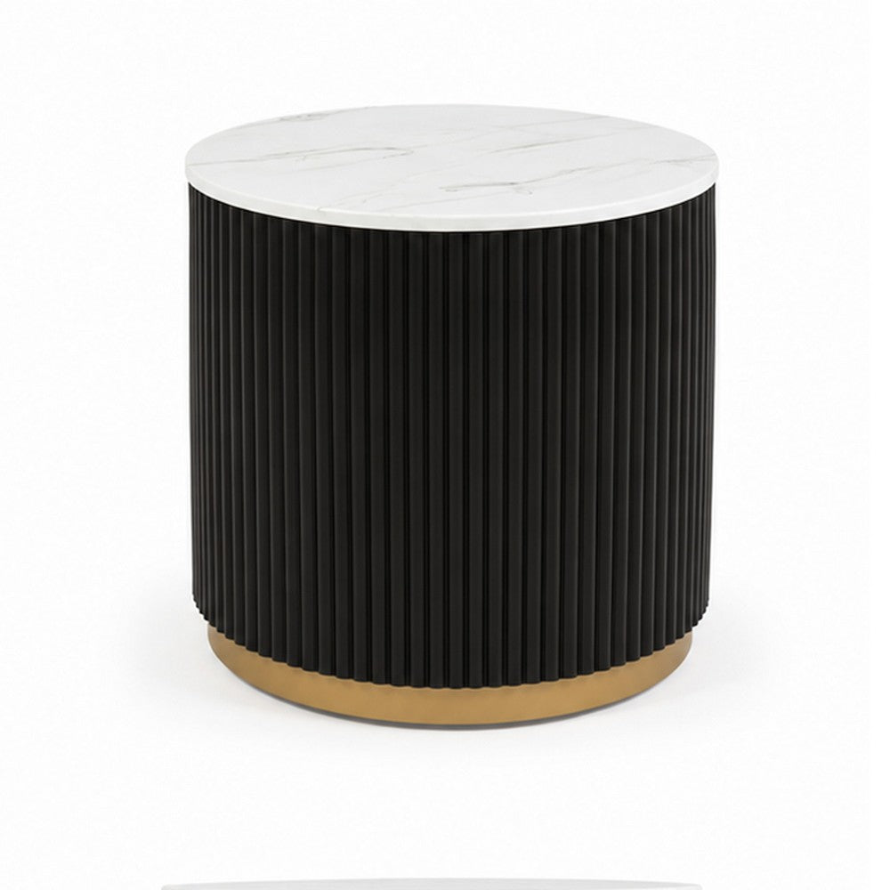 Frey Side End Table | White Faux Marble | Reeded Base | Gold B&ing 22"