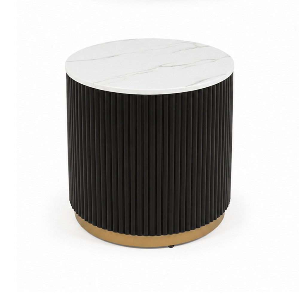 Frey Side End Table | White Faux Marble | Reeded Base | Gold B&ing 22"