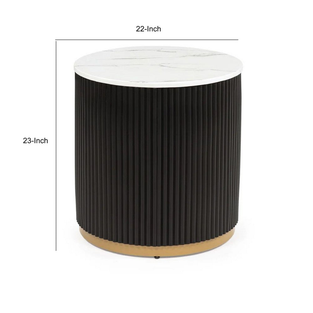 Frey Side End Table | White Faux Marble | Reeded Base | Gold B&ing 22"