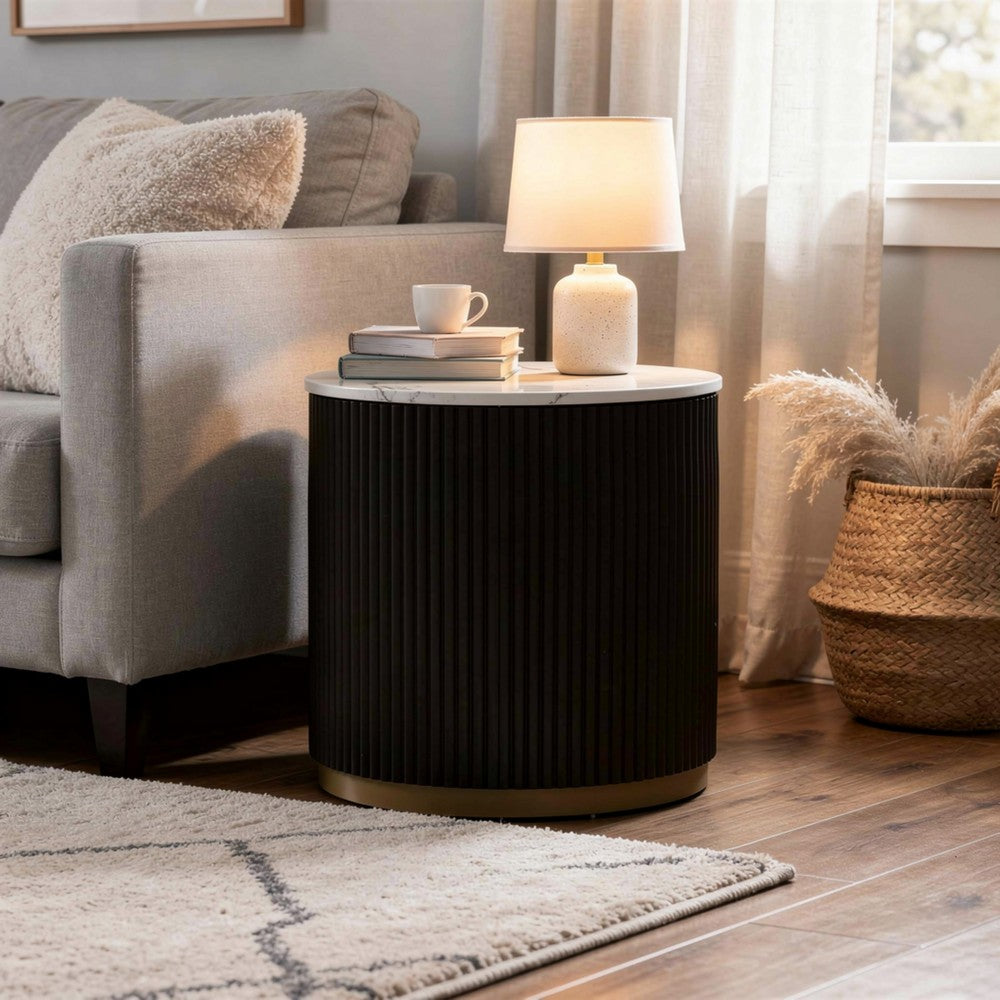 Frey Side End Table | White Faux Marble | Reeded Base | Gold B&ing 22"