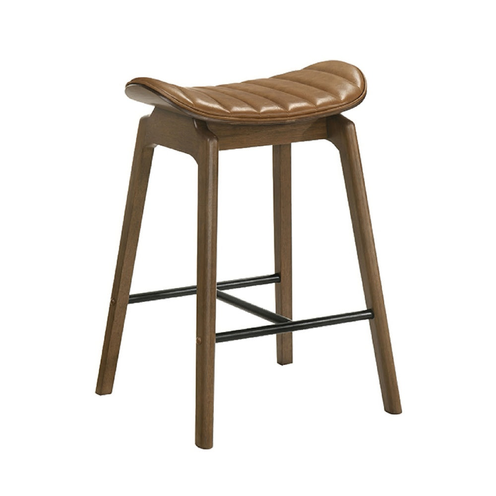 Amal Counter Height Stool Set of 2 | Saddle Faux Leather Seat | Walnut Brown
