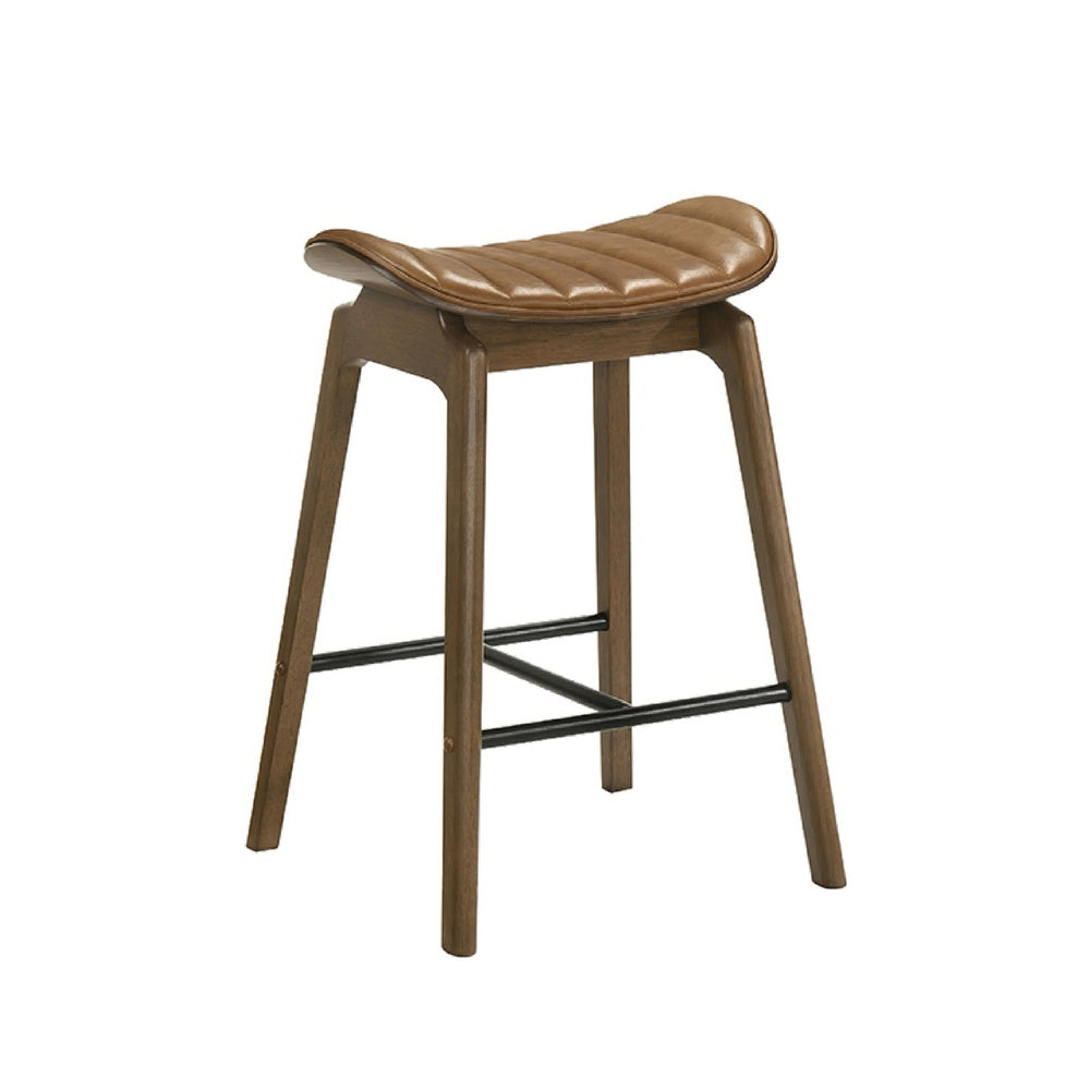 Amal Counter Height Stool Set of 2 | Saddle Faux Leather Seat | Walnut Brown
