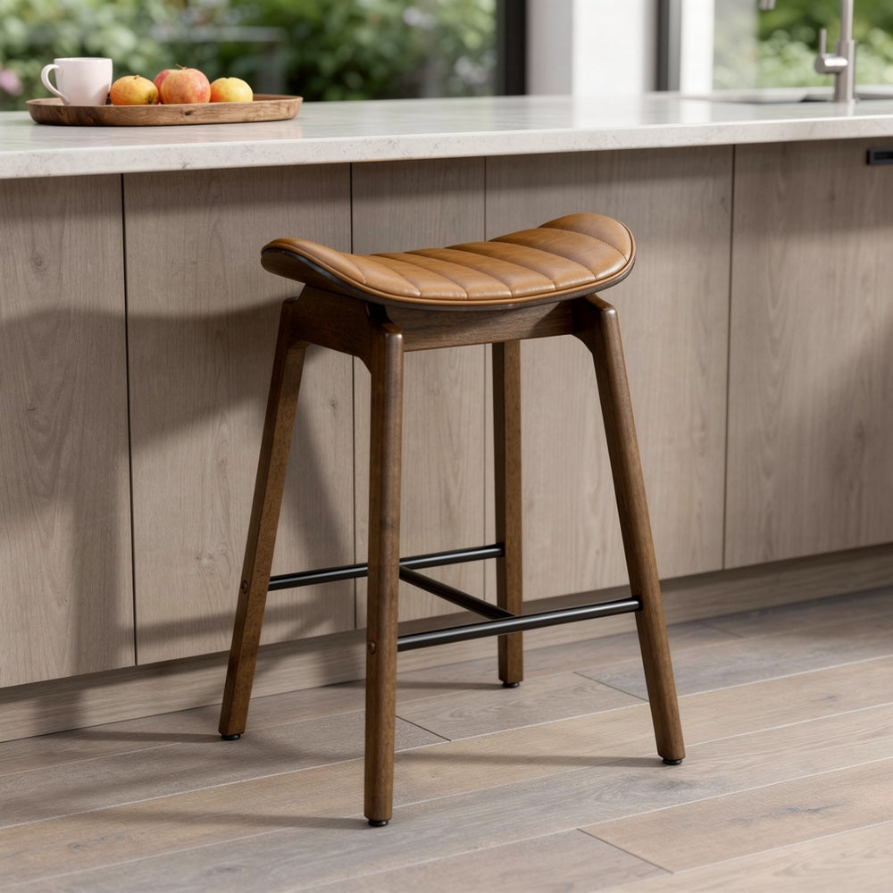 Amal Counter Height Stool Set of 2 | Saddle Faux Leather Seat | Walnut Brown