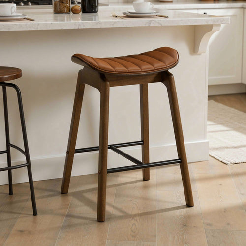 Amal Counter Height Stool Set of 2 | Saddle Faux Leather Seat | Walnut Brown