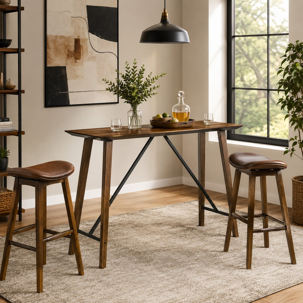 Amal Counter Height Table | Trestle Base w Cross Bar | Walnut Brown 59"