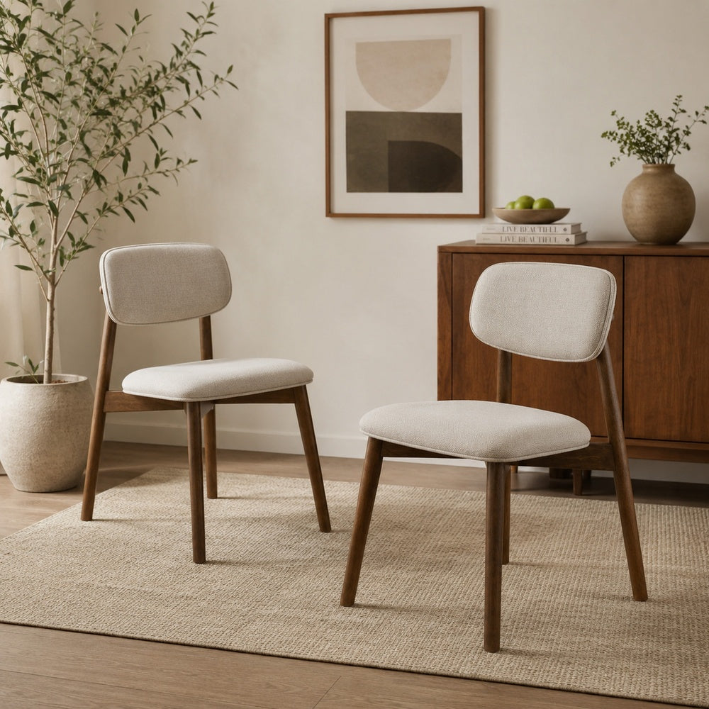 Alni Side Dining Chair Set of 2 | Beige Polyester Cushions | Walnut Brown