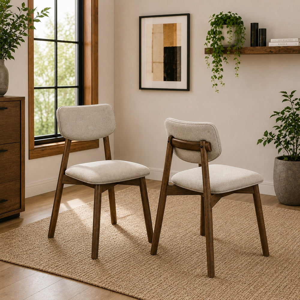 Alni Side Dining Chair Set of 2 | Beige Polyester Cushions | Walnut Brown